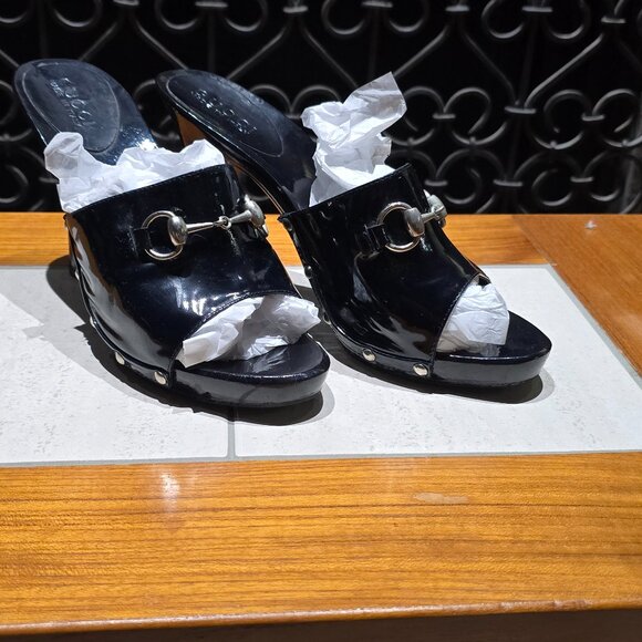 Gucci Mules 3" Heel Horsebit Patent Leather Slides - Picture 5 of 7